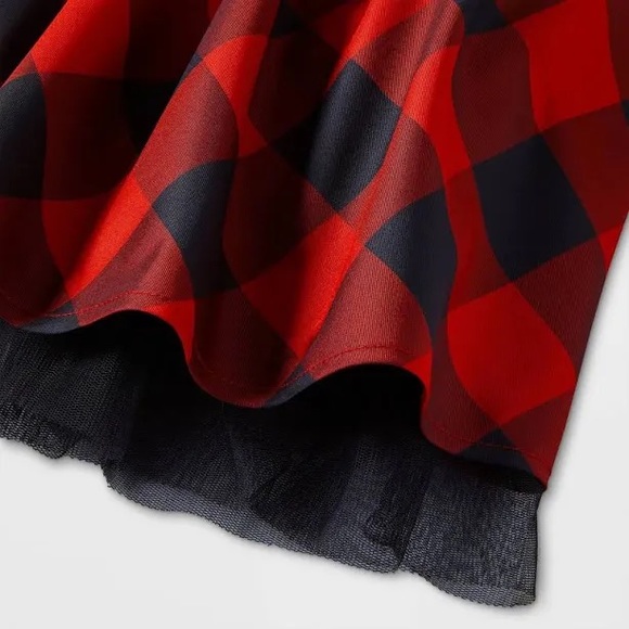 Girls Velour Buffalo Check Long Sleeve Dress Red/Black - Picture 2 of 5